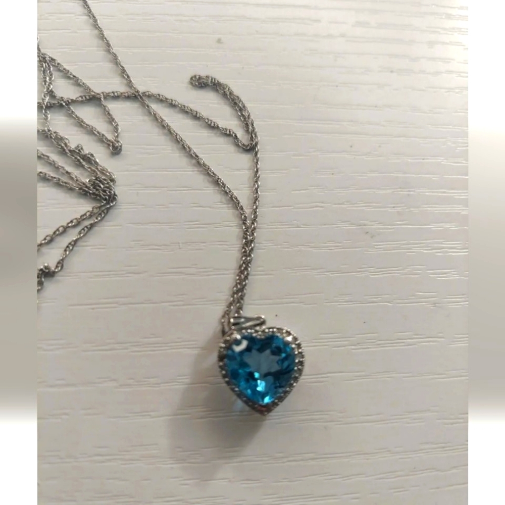 14k solid white gold chain necklace With Natural Diamonds And Blue Natural Topaz